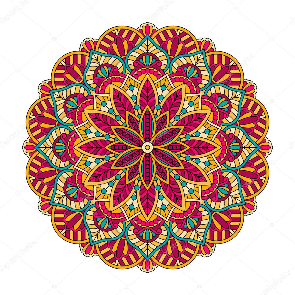 Vector mandala isolated on white background. Card with ornament in red and turquoise colors. Oriental pattern, vintage decorative element for design