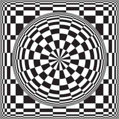 Optical Circle Grid | Black and white contrast create a faux 3d optical illusion. Geometric, distorted checker pattern. Target button on checkerboard. Psychedelic and trendy decoration, unreal and illusory.