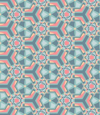 Arabesk Modern Düzen. İslami geometri ilhamı. Pastel ve canlı renkler, turkuaz ve şeftali şeması. Vektörsüz süs