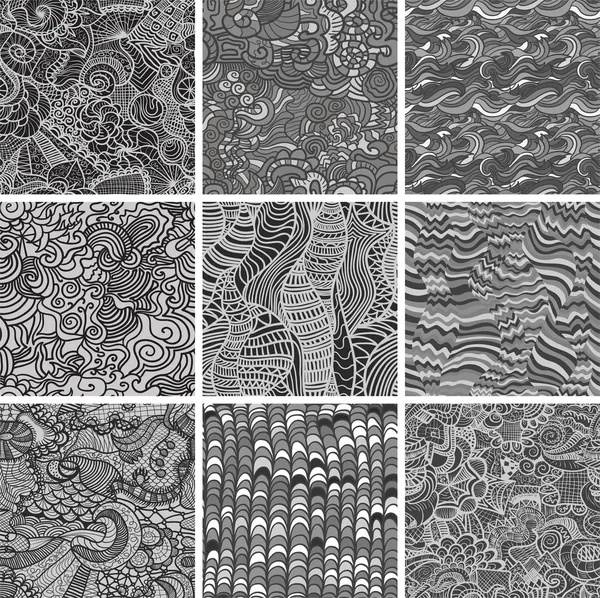 Conjunto de nueve patrones sin costura dibujados a mano — Archivo Imágenes Vectoriales
