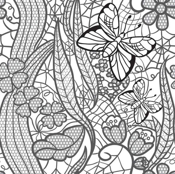 꽃과 나비와 함께 완벽 한 레이스 패턴 — 스톡 벡터