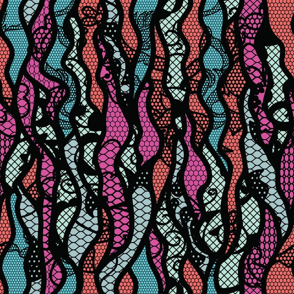 Tissu vectoriel en dentelle noire motif sans couture avec lignes et vagues — Image vectorielle