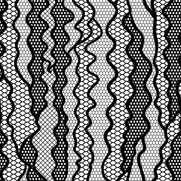 Black lace vector fabric seamless pattern with lines and waves — Stock Vector