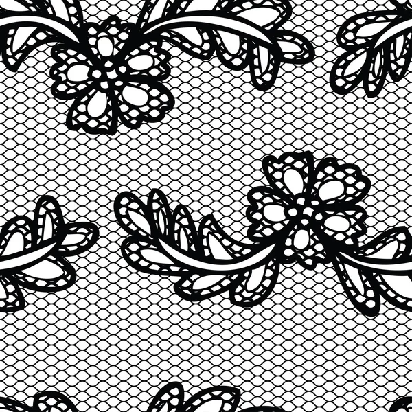 Lace modello nero senza cuciture con fiori su sfondo bianco — Vettoriale Stock