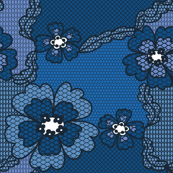Синие кружева векторной ткани бесшовный узор с цветами — стоковый вектор