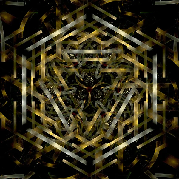 Abstraktní kovové zlaté fraktální šestiúhelník v černém pozadí — Stock fotografie