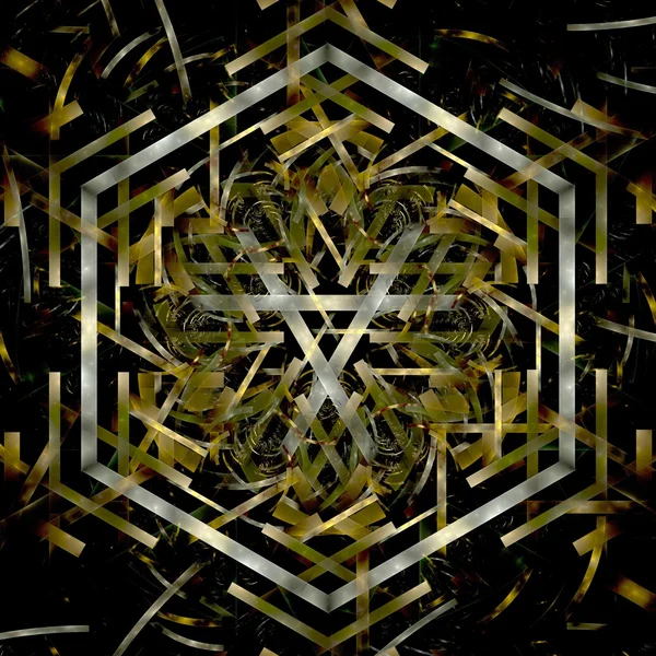 Abstract metal gold fractal hexagon in black background — Stock Photo, Image