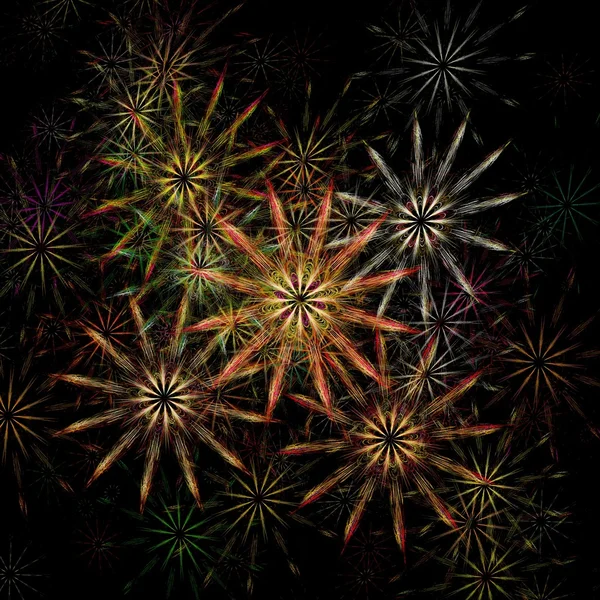 Belos fogos de artifício fractais coloridos no fundo preto — Fotografia de Stock