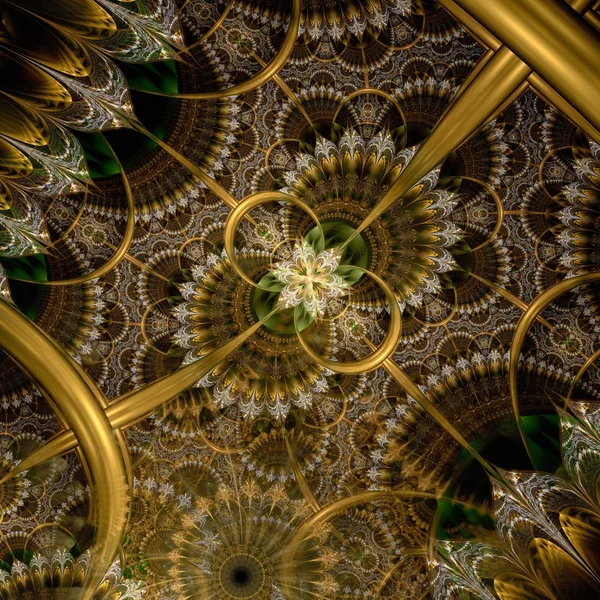 Flor fractal verde oscuro y oro — Foto de Stock
