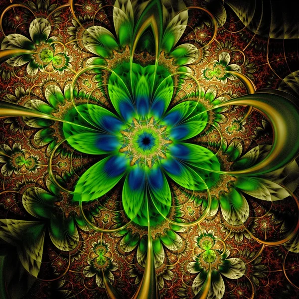 Flor fractal verde oscuro y oro — Foto de Stock