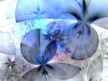 Mavi fraktal çiçek yaprakları, beyaz üzerine mavi ayrıntıları ile