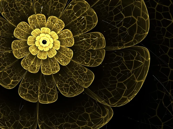 Gele fractal bloem met gele details op bloemblaadjes, op zwart — Stockfoto