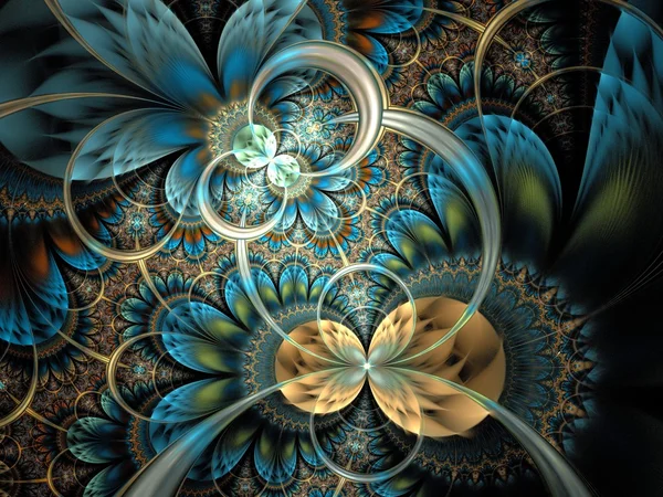 Symmetrical dark orange blue  fractal flower — Stock Photo, Image