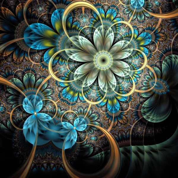 Symmetrical dark orange blue  fractal flower — Stock Photo, Image