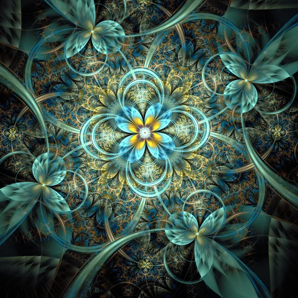 Symmetrische donker oranje blauwe fractal bloem — Stockfoto