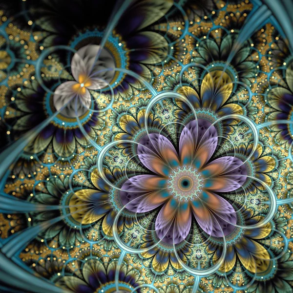 Symmetrical dark orange blue  fractal flower — Stock Photo, Image