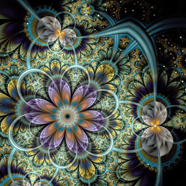 Simetrik koyu turuncu mavi fraktal çiçek — Stok fotoğraf