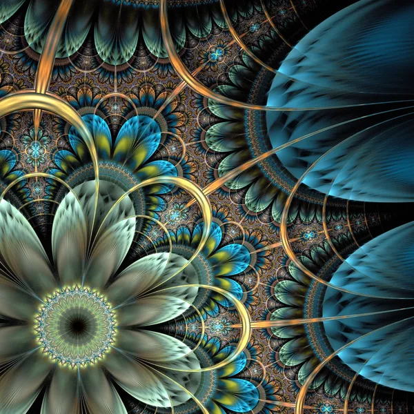 Symmetrical dark orange blue  fractal flower — Stock Photo, Image