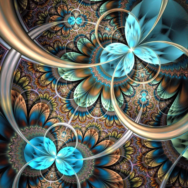Flor fractal azul naranja oscuro simétrico — Foto de Stock