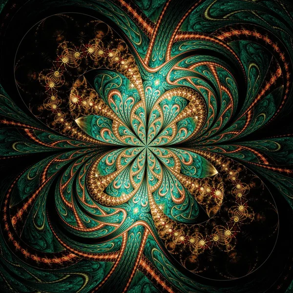 Symmetrical Gold Green Fractal Flower Digital Artwork Creative Graphic — Fotografia de Stock