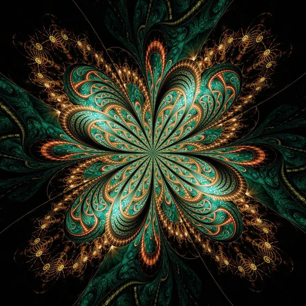 Symmetrical Gold Green Fractal Flower Digital Artwork Creative Graphic — 스톡 사진