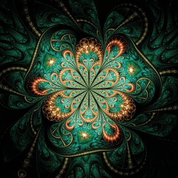 Symmetrical Gold Green Fractal Flower Digital Artwork Creative Graphic — Stock fotografie