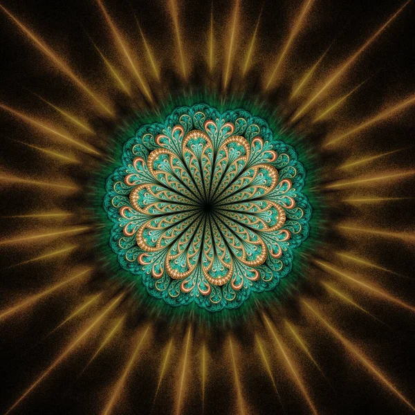 Symmetrical Gold Green Fractal Flower Digital Artwork Creative Graphic — 图库照片