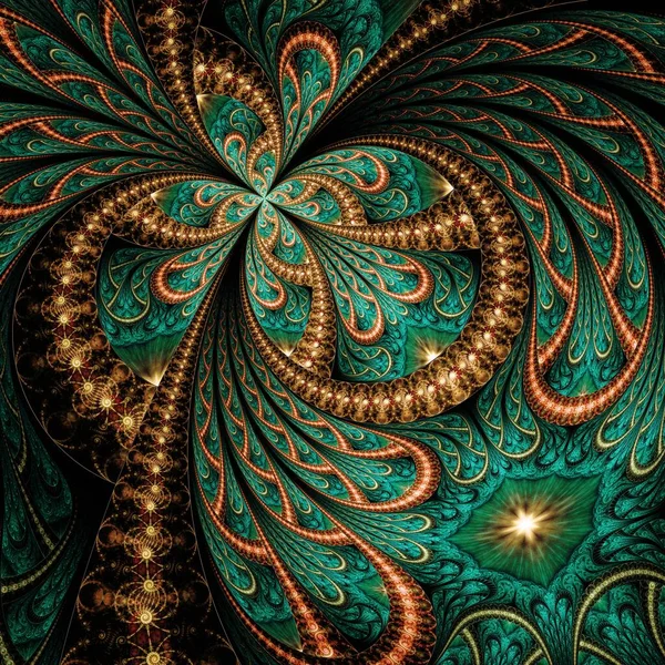 Symmetrical Gold Green Fractal Flower Digital Artwork Creative Graphic — ストック写真