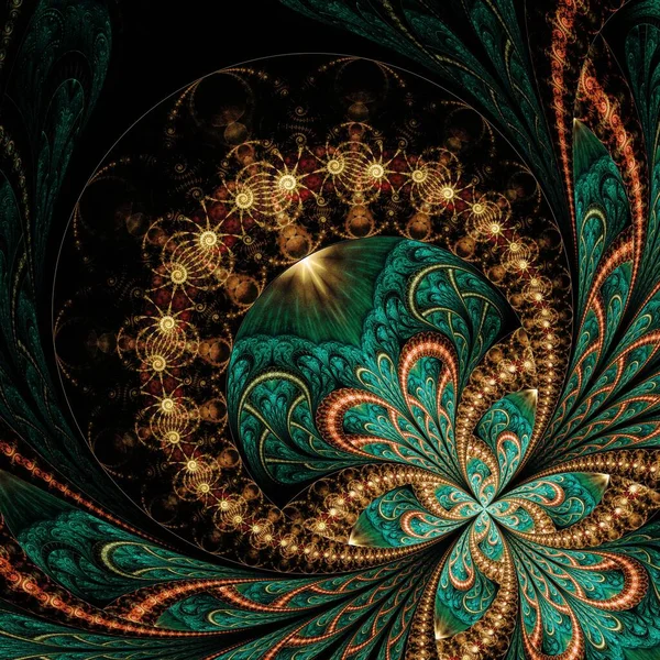 Symmetrical Gold Green Fractal Flower Digital Artwork Creative Graphic — Zdjęcie stockowe