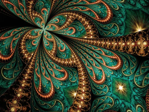 Symmetrical Gold Green Fractal Flower Digital Artwork Creative Graphic — Foto Stock