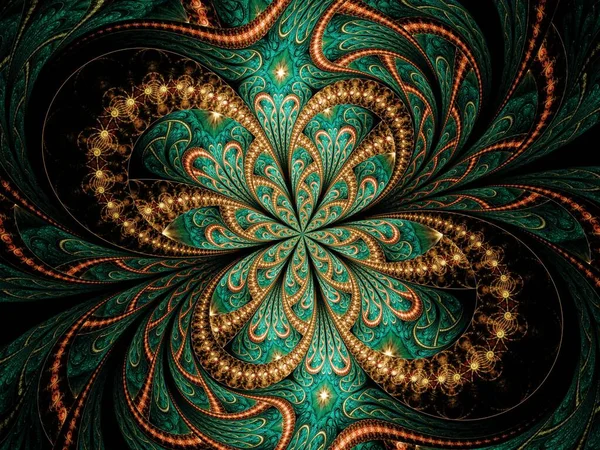 Symmetrical Gold Green Fractal Flower Digital Artwork Creative Graphic — 图库照片