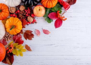 Yapraklı sonbahar ahşap arkaplan, metin için kabak alanı