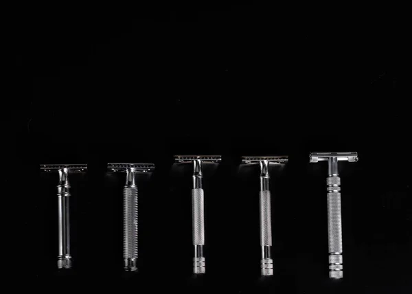 Different Old Vintage Razors Brush Black Background Space Text — Stock Photo, Image