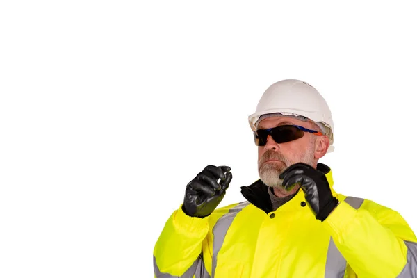 Trabalhador Construção Civil Viz Óculos Segurança Isolados Fundo Branco Segurança — Fotografia de Stock