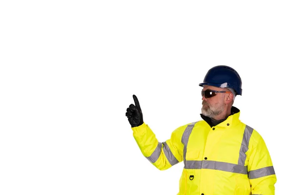 Construction Worker Viz Safety Glasses Pointing Finger Isolated White Background — Stock Photo, Image