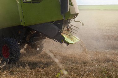 Modern bir biçerdöver tarafından yaz mevsiminde buğday hasadı. Çiftçiler yiyecek tedarik ediyor ve ulusu besliyor.