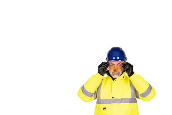 Trabalhador Construção Civil Casaco Amarelo Brilhante Viz Luvas Segurança Usando — Fotografia de Stock