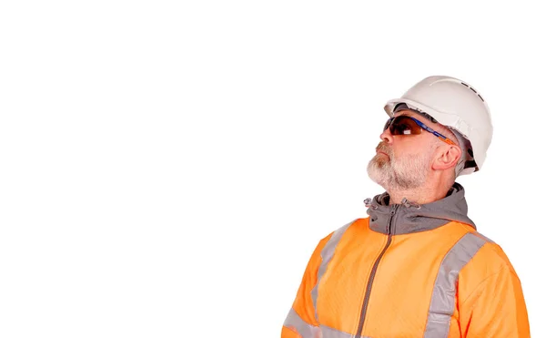 Trabalhador Construção Laranja Viz Vidros Segurança Coloridos Olhando Para Cima — Fotografia de Stock