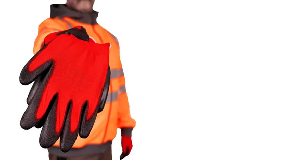 一名建筑工人穿着鲜艳的橙色高维兹外套 给那些被白色背景隔离的观众戴上红色安全手套 建筑工地安全横幅概念 — 图库照片