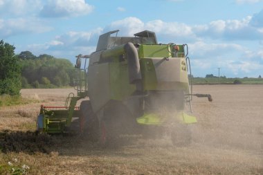 Modern bir biçerdöver tarafından yaz mevsiminde buğday hasadı. Çiftçiler yiyecek tedarik ediyor ve ulusu besliyor.