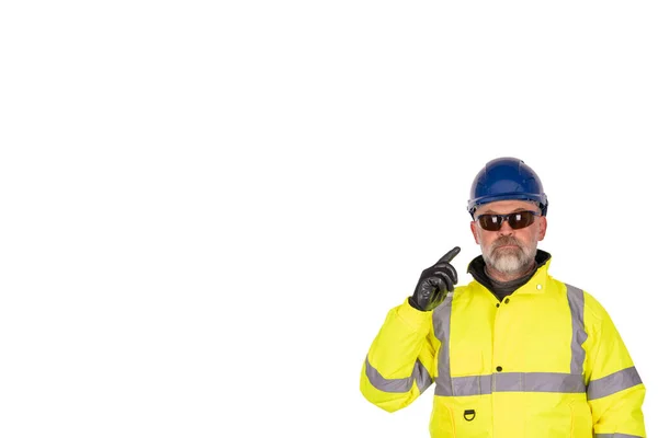 Ein Bauarbeiter Leuchtend Gelbem Viz Mantel Und Schutzhandschuhen Mit Getönter — Stockfoto