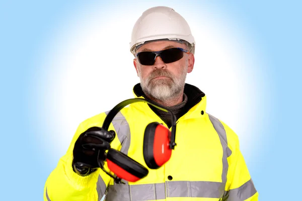 Trabalhador Construção Civil Chapéu Branco Casaco Viz Amarelo Óculos Segurança — Fotografia de Stock