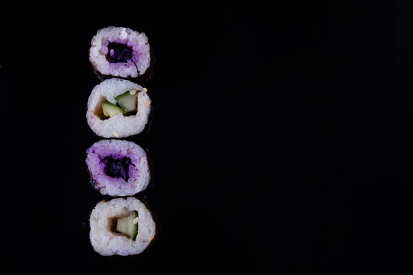 Close Delicious Japanese Food Vegetarion Sushi Rolls Beetroot Cucumber Black — Stock Photo, Image