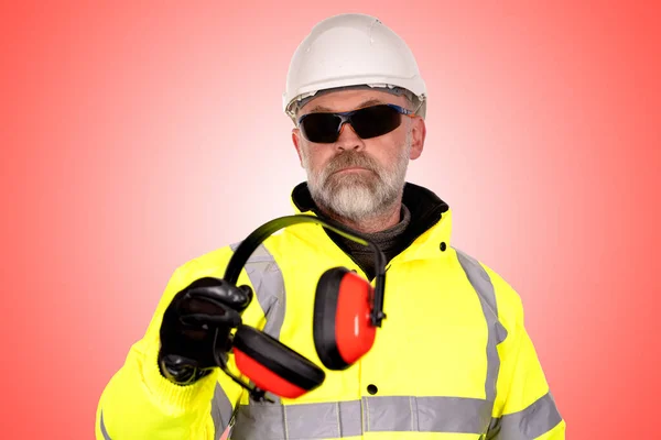 Trabalhador Construção Chapéu Branco Casaco Viz Amarelo Óculos Segurança Coloridos — Fotografia de Stock