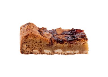 Beyaz arka planda çikolatalı bir kekin kapağını kapat.