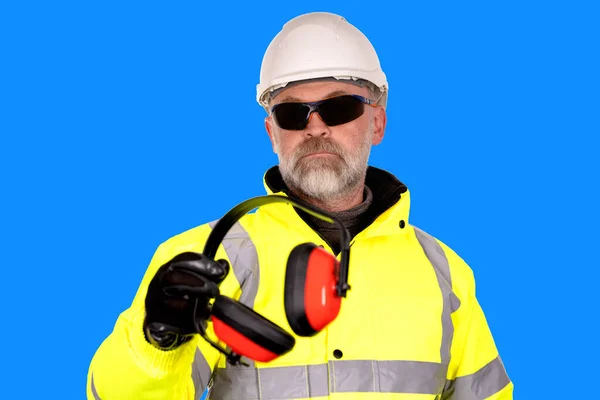 Trabalhador Construção Chapéu Amarelo Casaco Viz Óculos Segurança Escuros Fundo — Fotografia de Stock