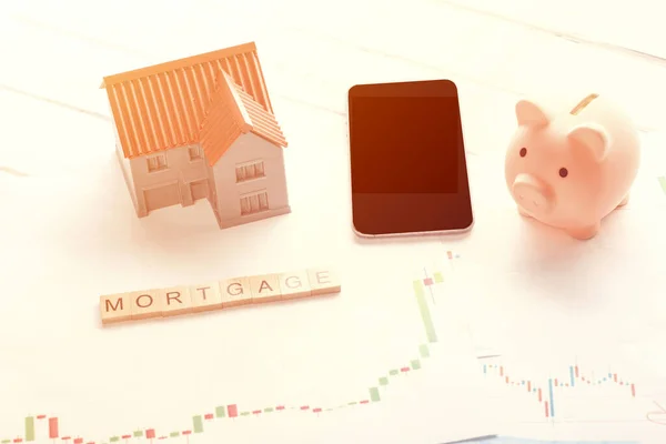 Piggy Bank Phone House Mortgage Chart Title Mortgage Money Obtaining — Stock Photo, Image