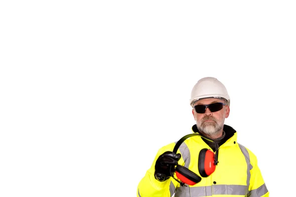 Trabajador Construcción Con Sombrero Blanco Abrigo Amarillo Alta Visibilidad Unas — Foto de Stock