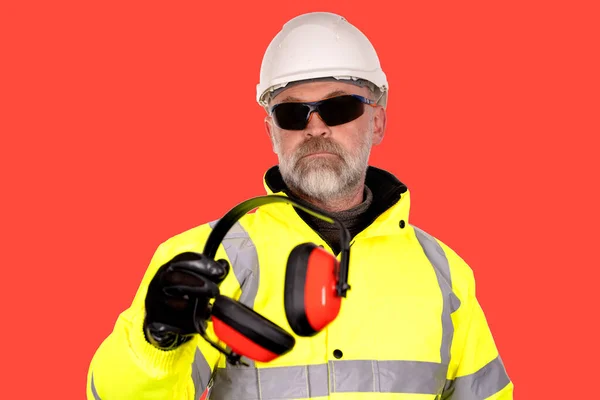 Trabalhador Construção Chapéu Branco Casaco Viz Amarelo Óculos Segurança Coloridos — Fotografia de Stock