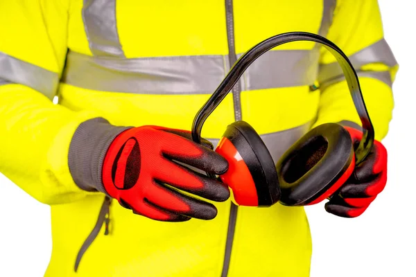 Builder Bright Yellow Reflective Visibility Fleece Safety Gloves Holding Ear — Stockfoto